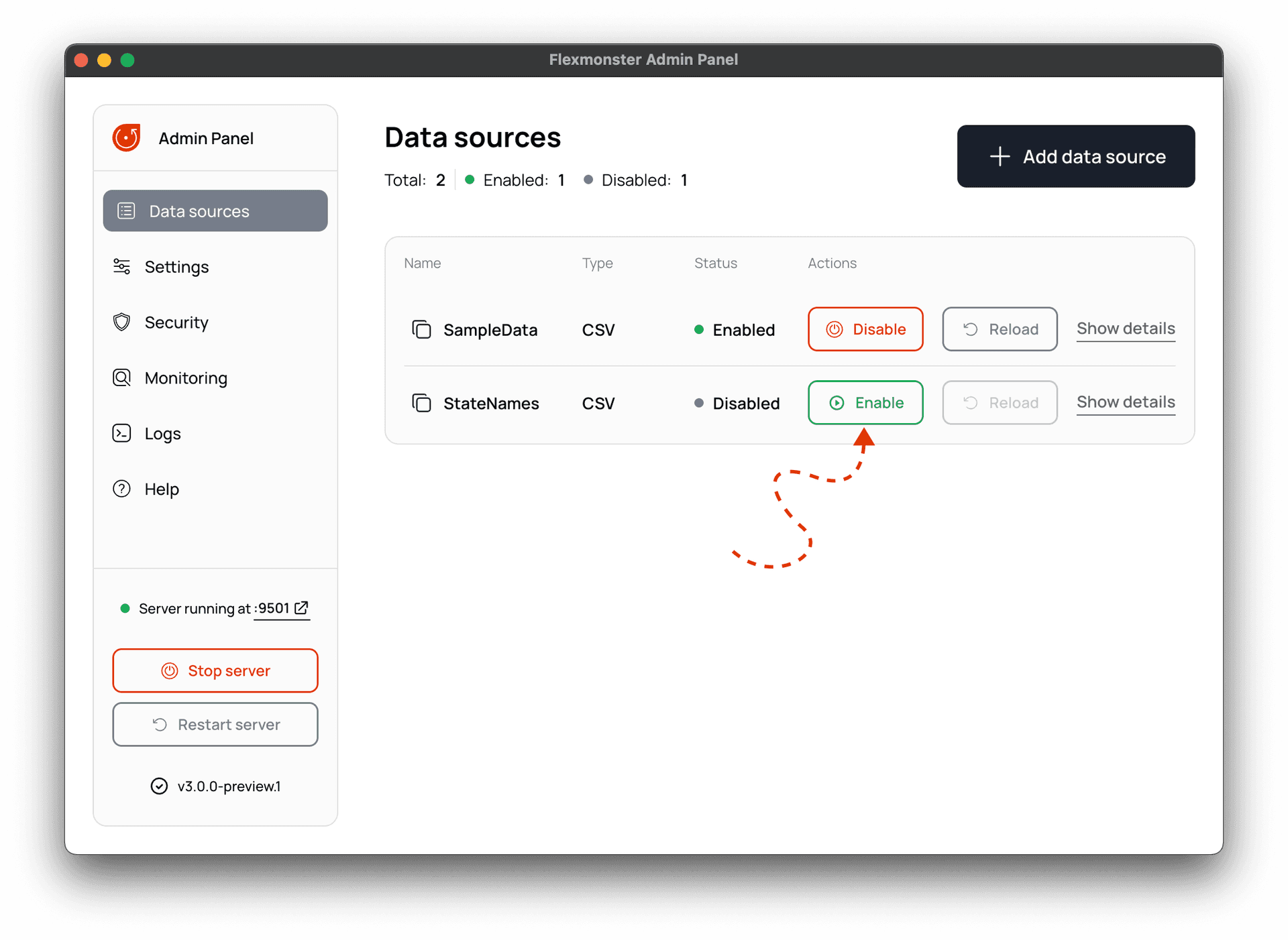 Enabling the StateNames data source