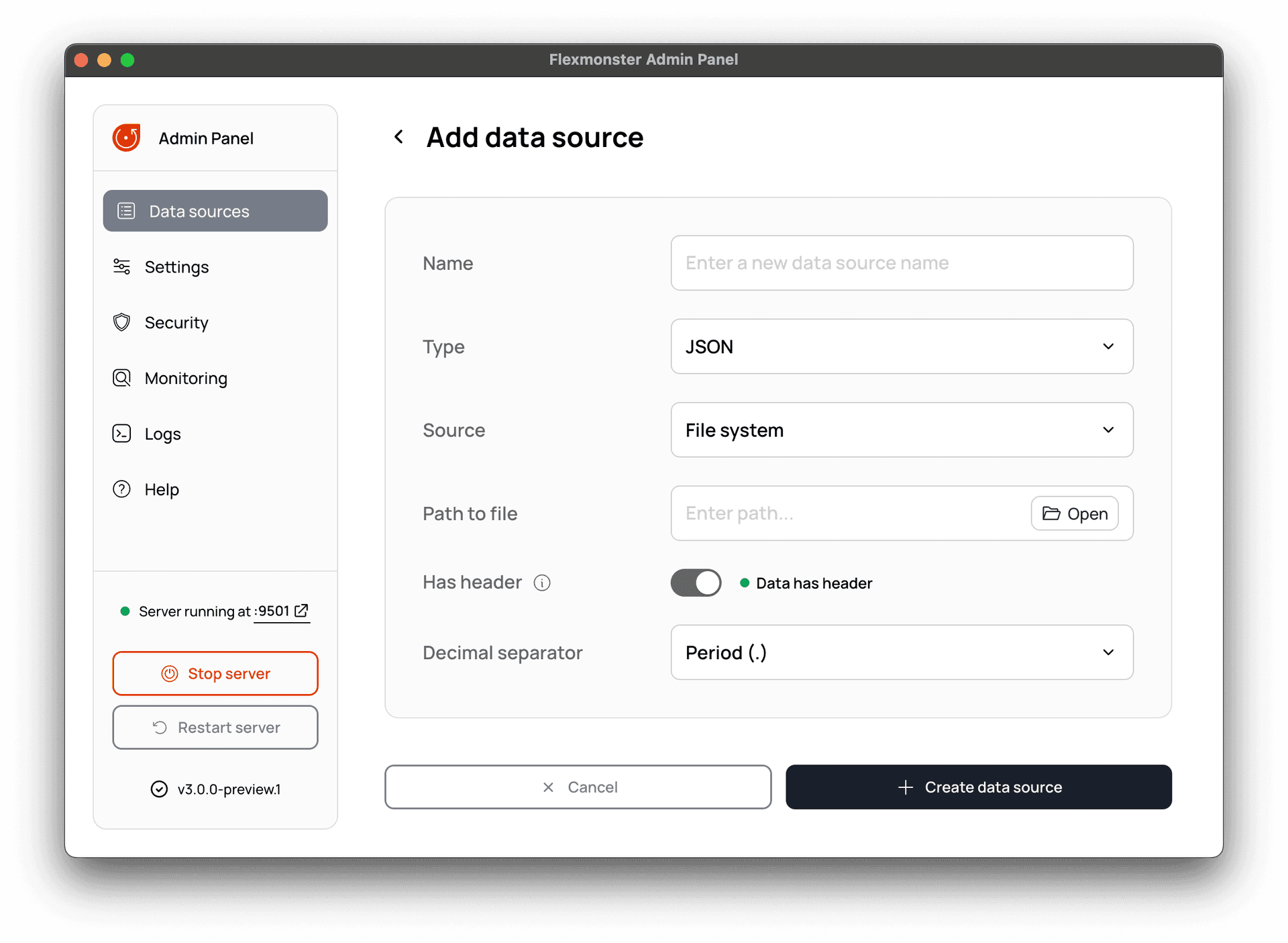 The view to create a new data source