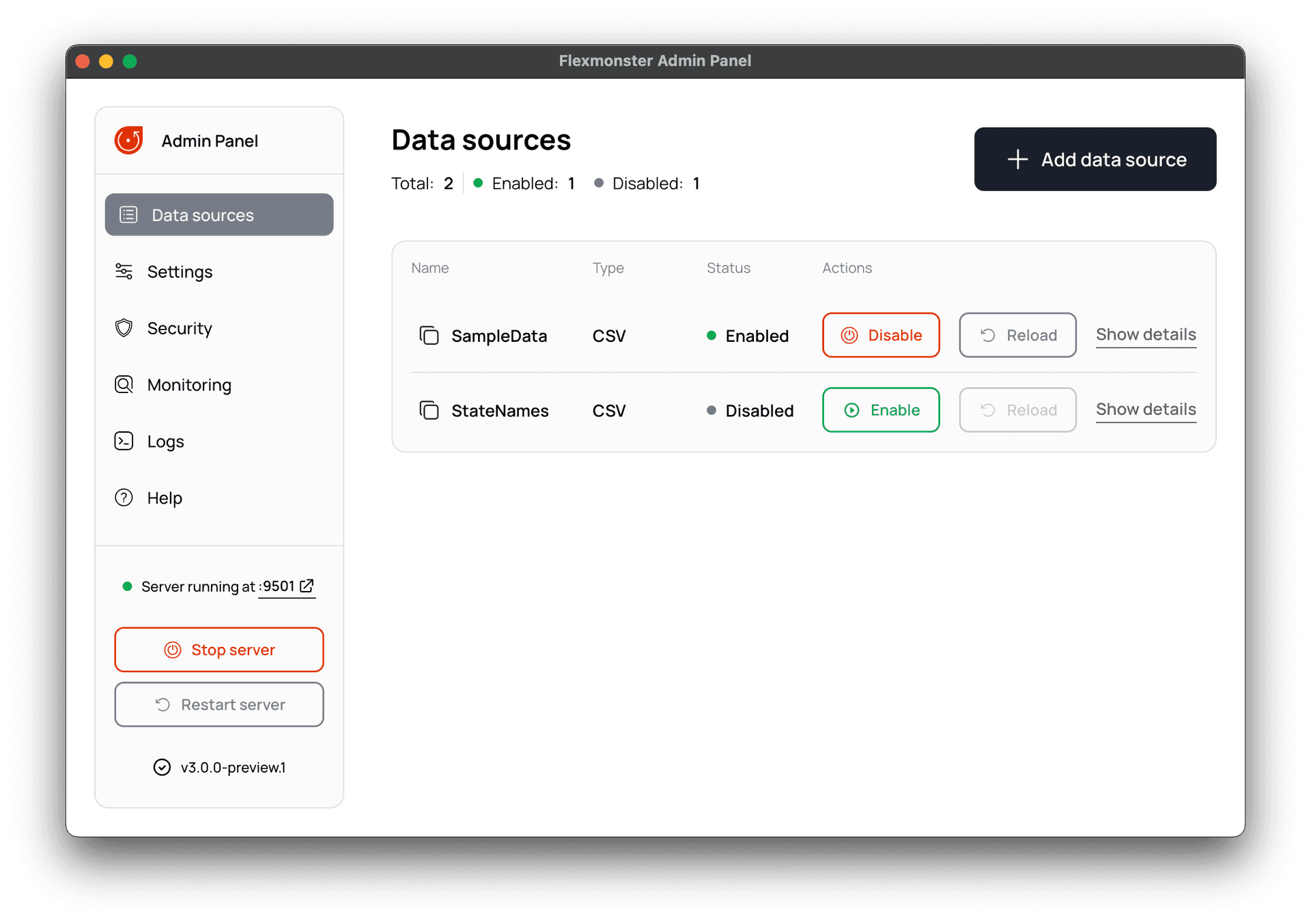 The view with all data sources