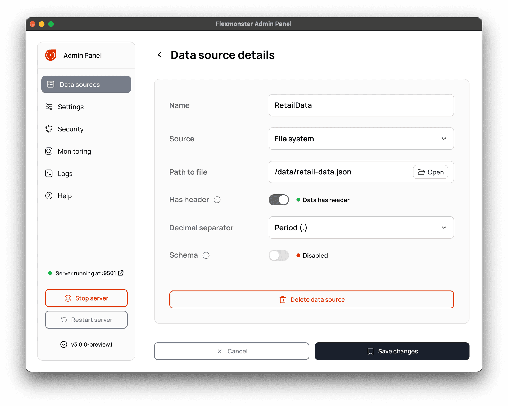The view to edit or delete a data source