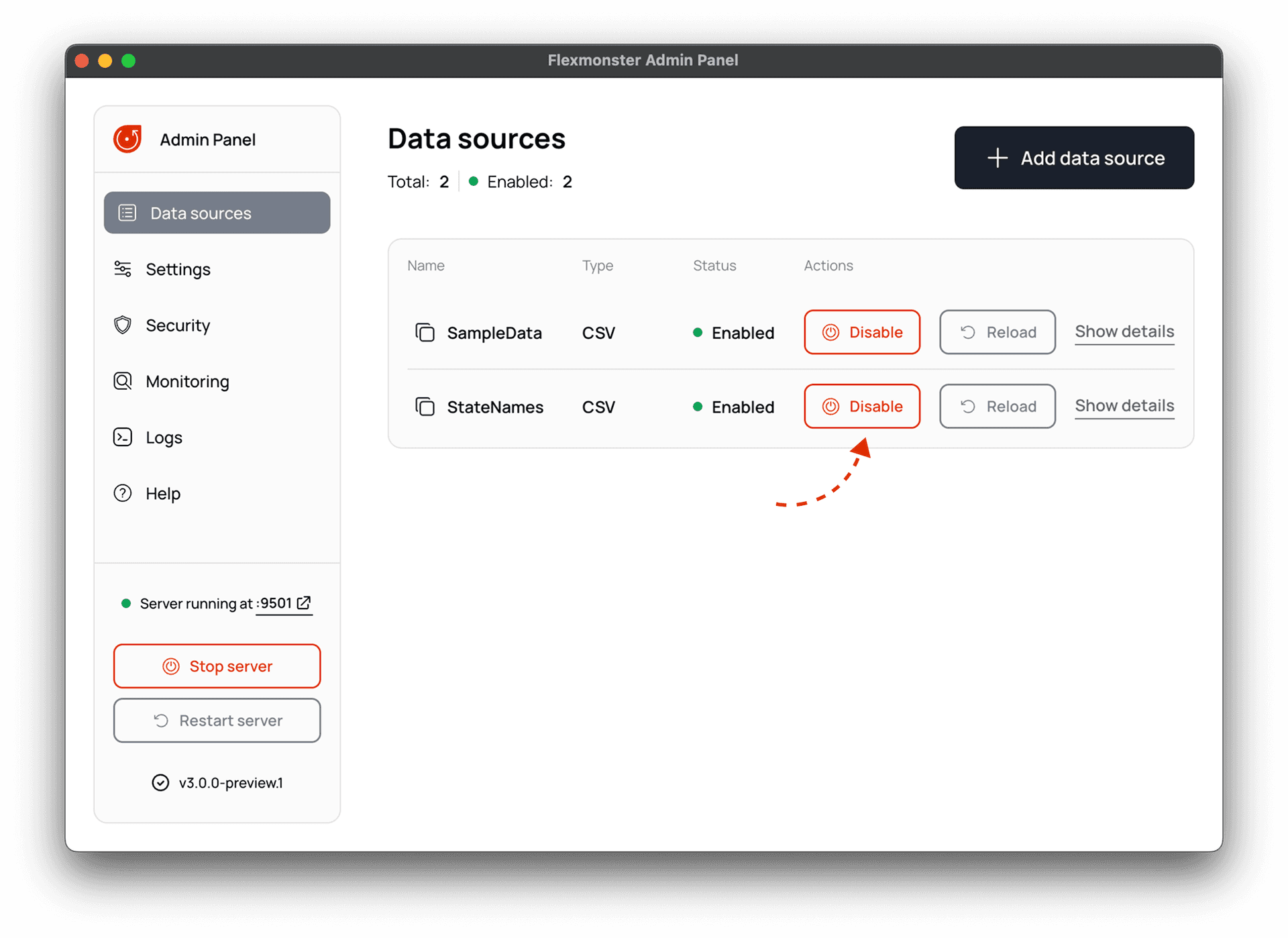 Disabling a data source