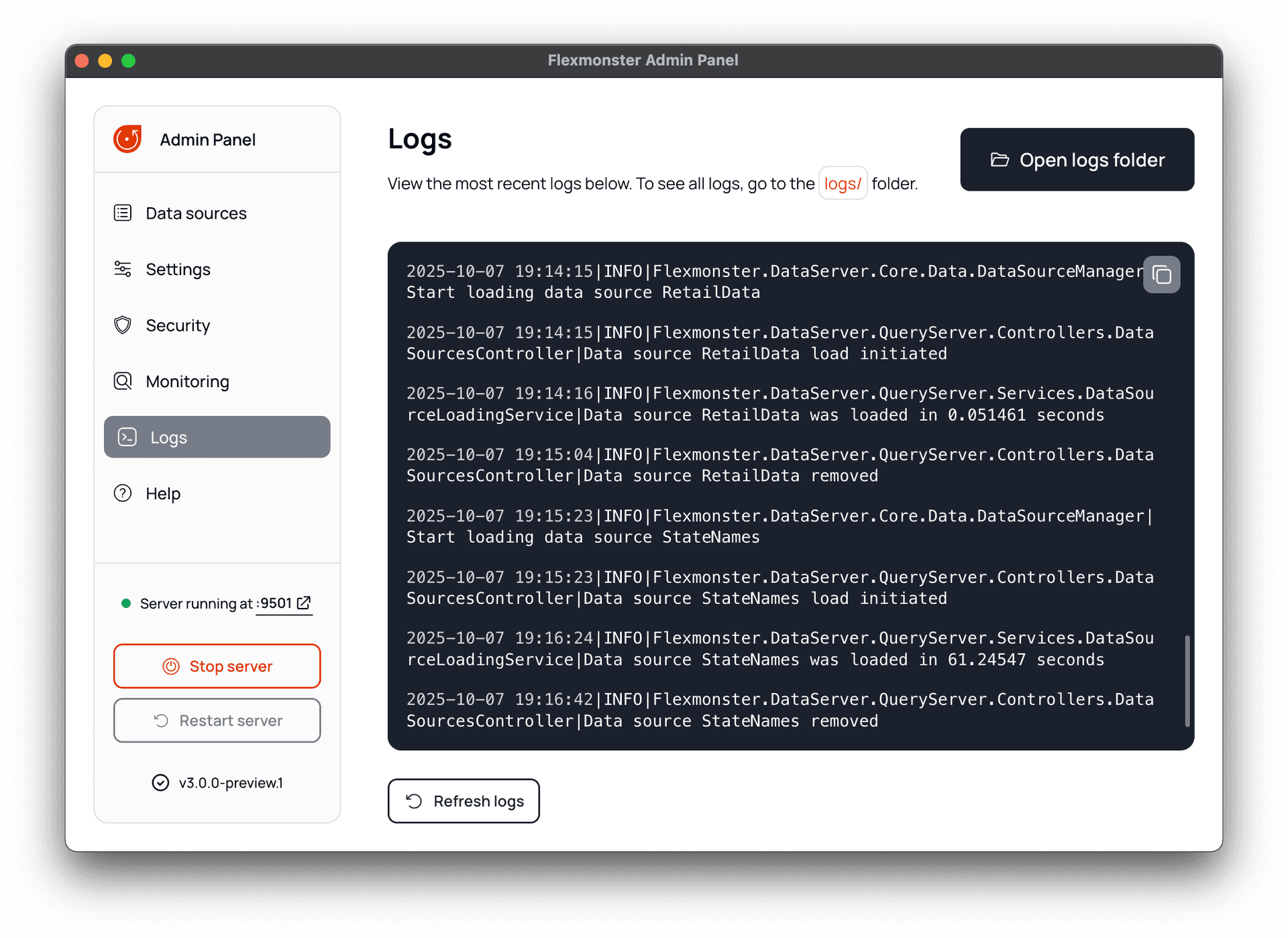 Logs page