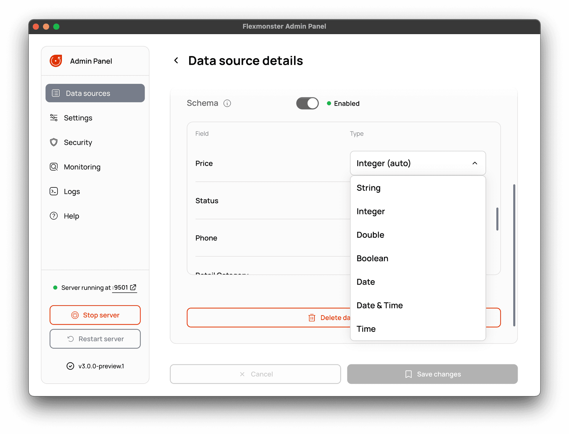 Choosing field data types in the schema configuration