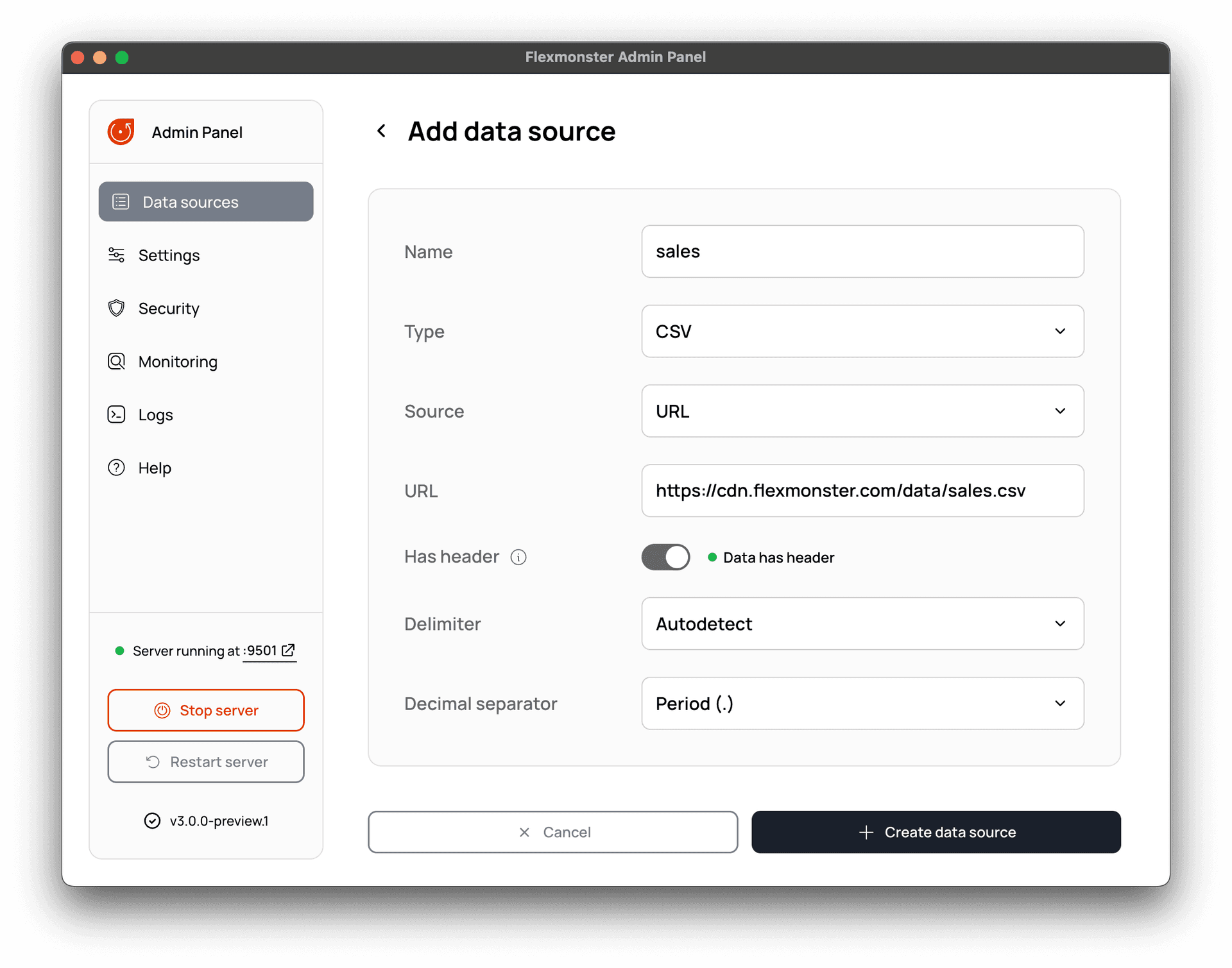 Creating a CSV data source