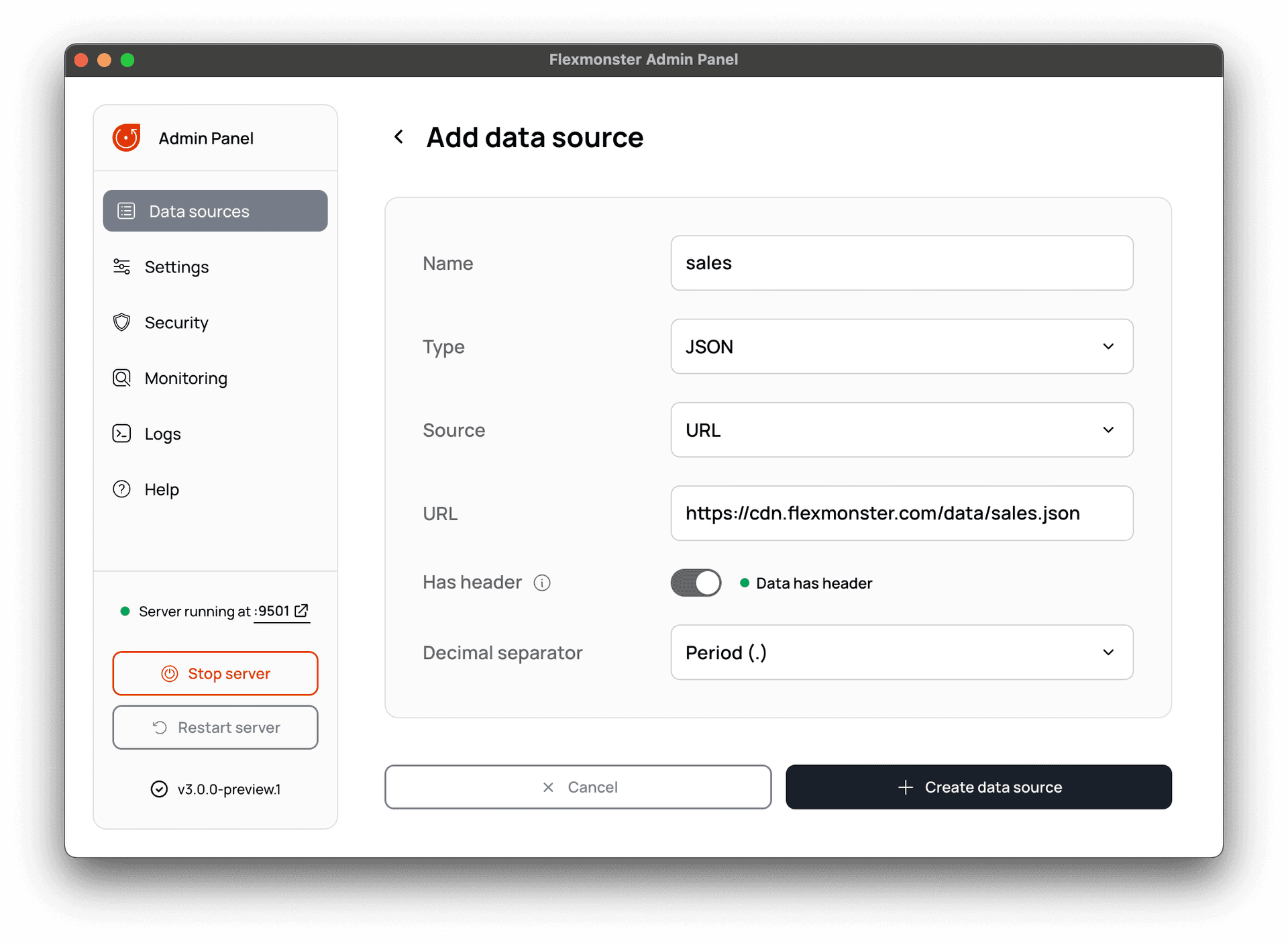 Creating a JSON data source