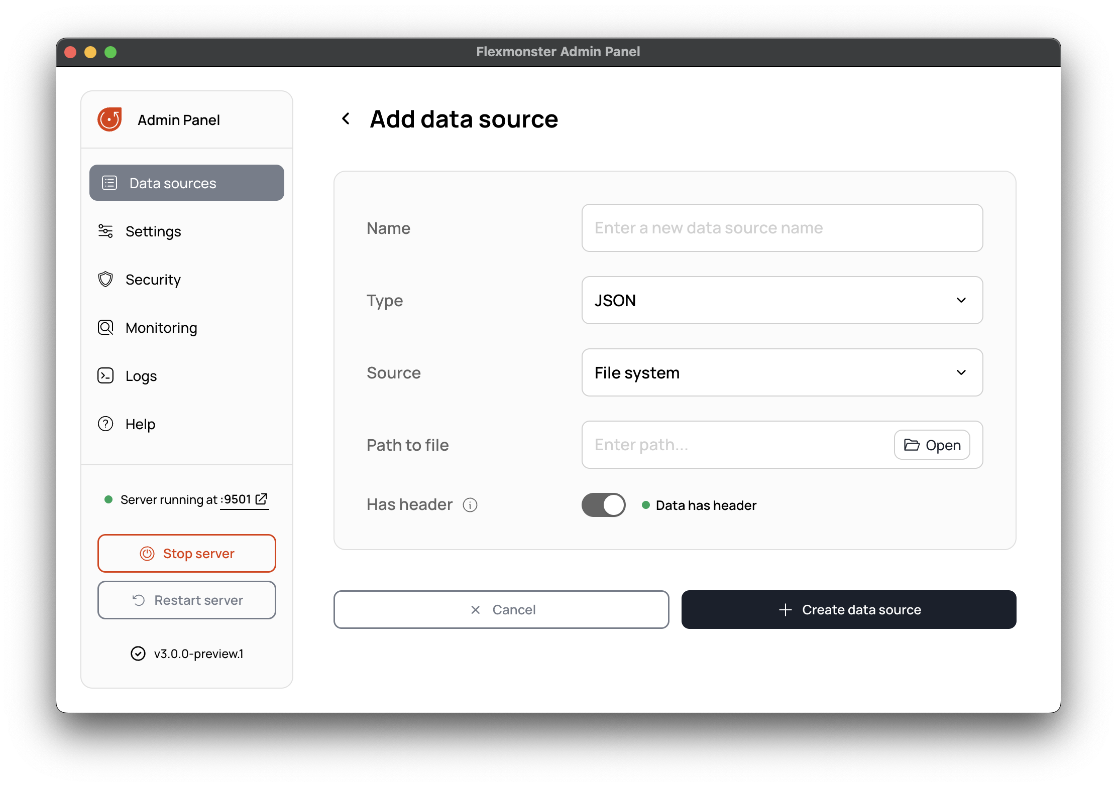 The view to create a new data source