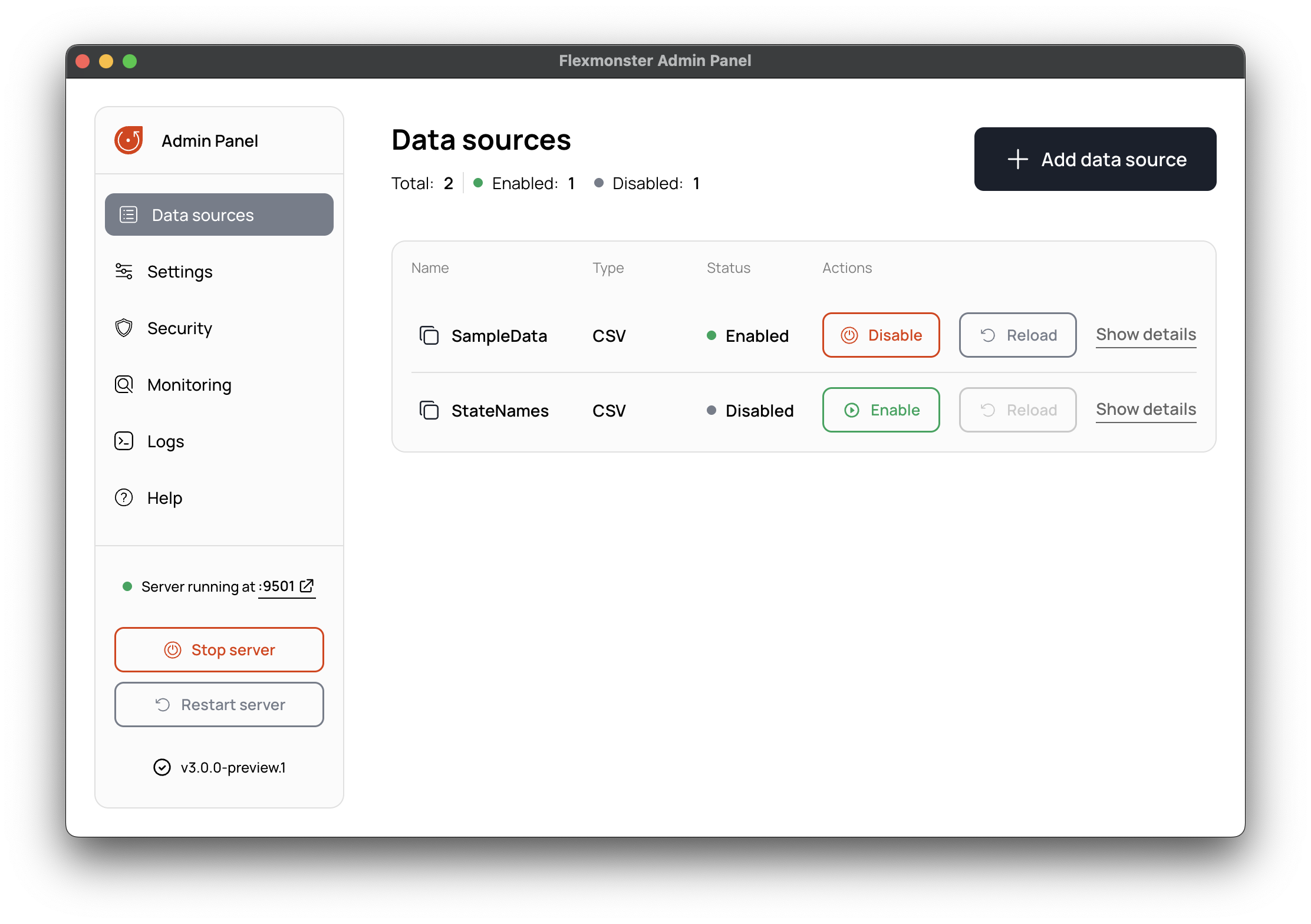The view with all data sources