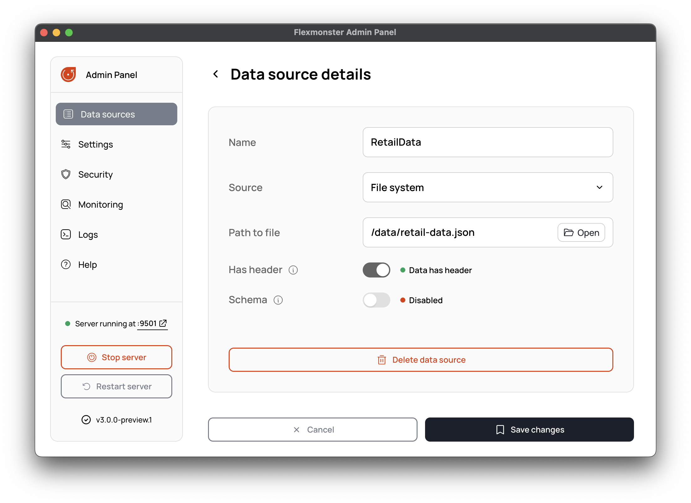 The view to edit or delete a data source