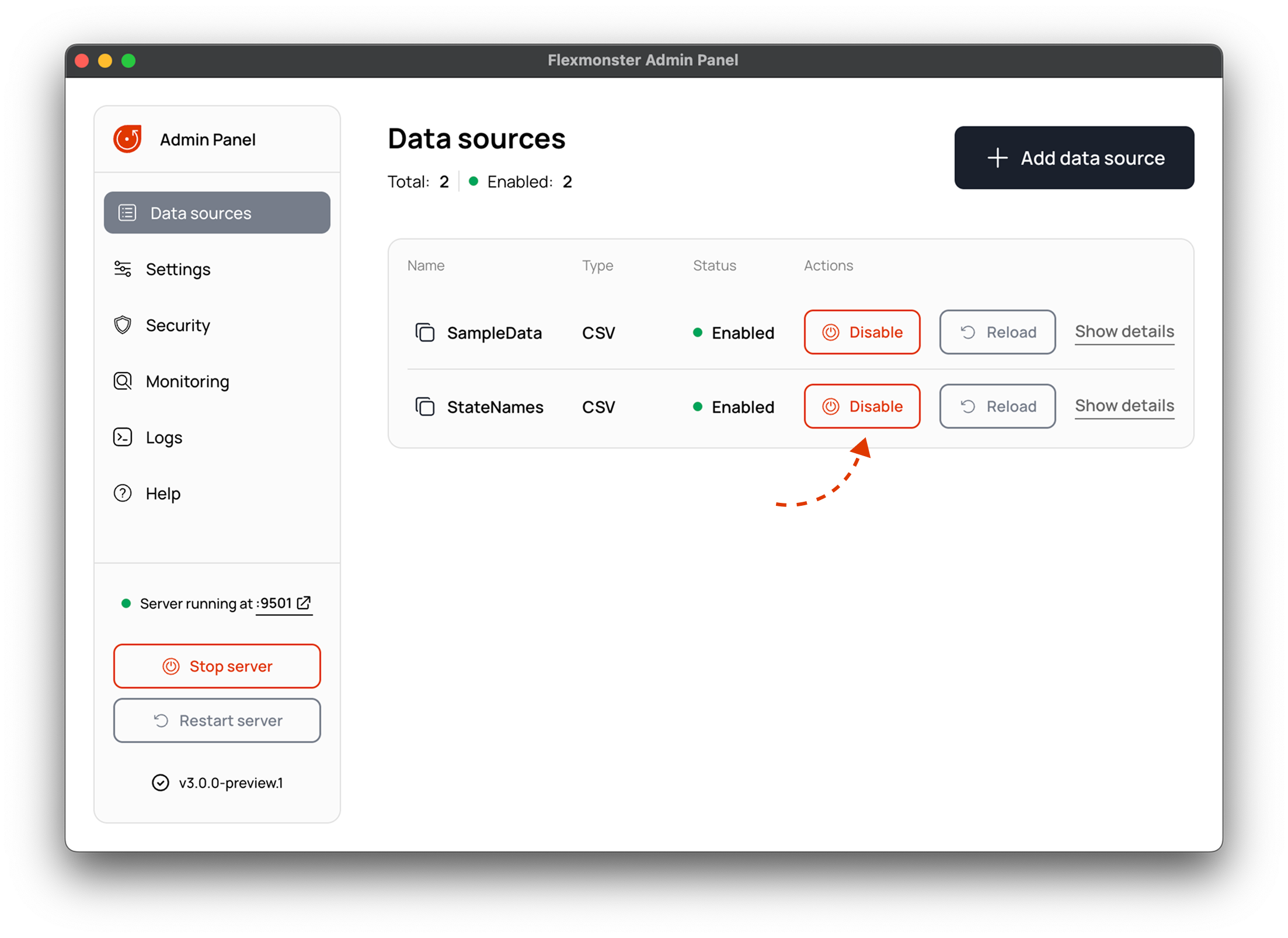Disabling a data source