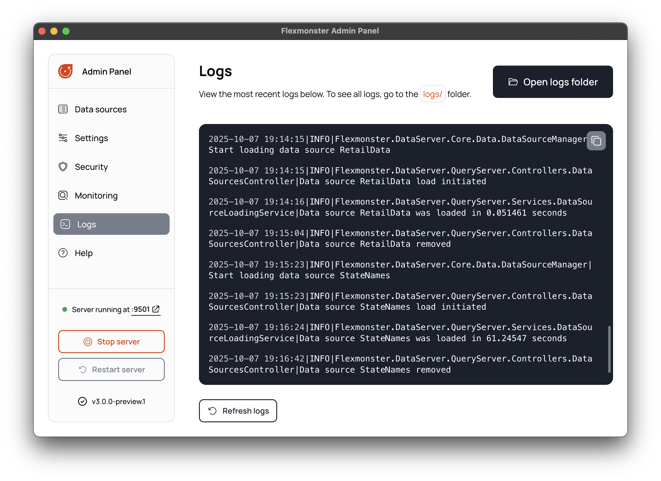 Logs page