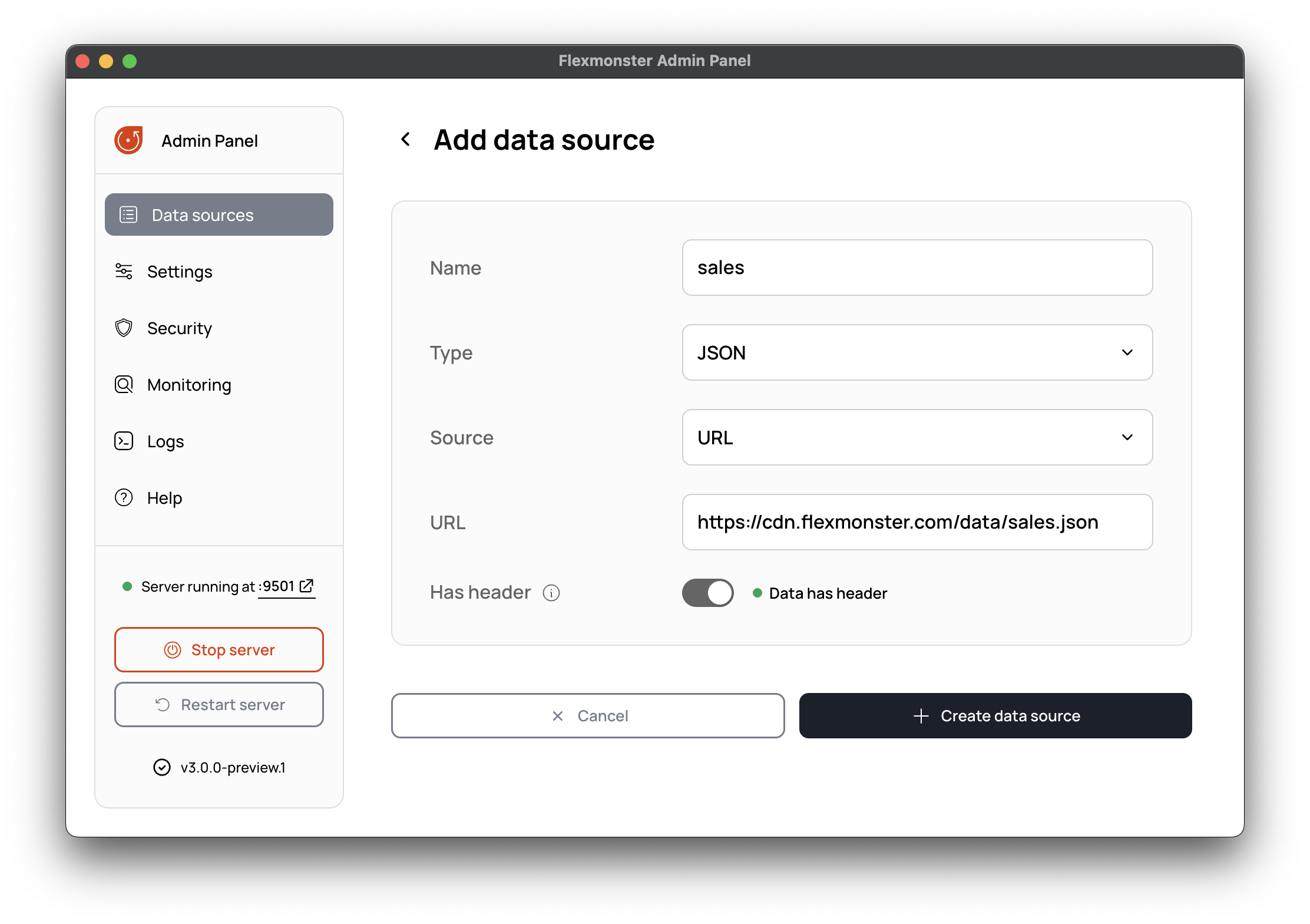 Creating a JSON data source